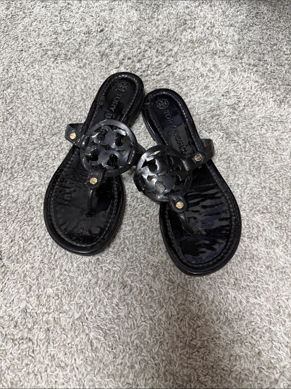 Tory Burch Black Patent Logo Thong Sandals